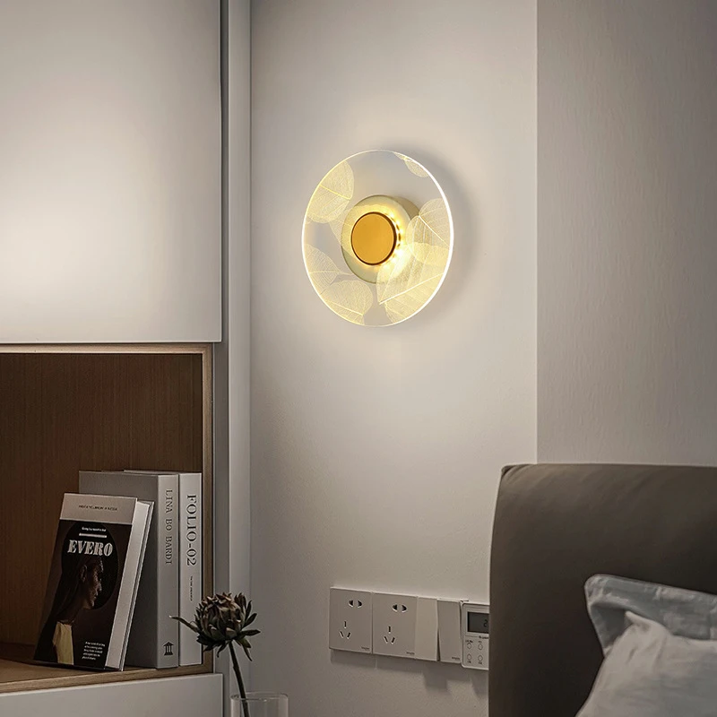 Circular Acrylic Wall Sconce with Golden Leaf Decoration - Image 3