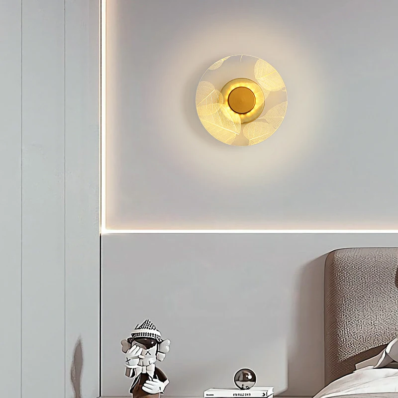 Circular Acrylic Wall Sconce with Golden Leaf Decoration - Image 2