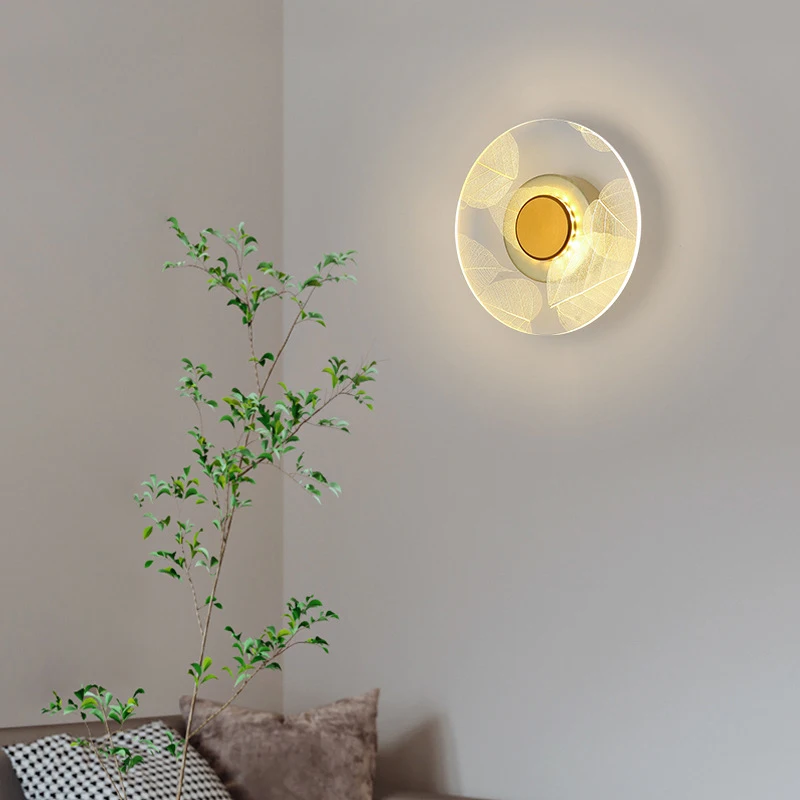 Circular Acrylic Wall Sconce with Golden Leaf Decoration - Image 4